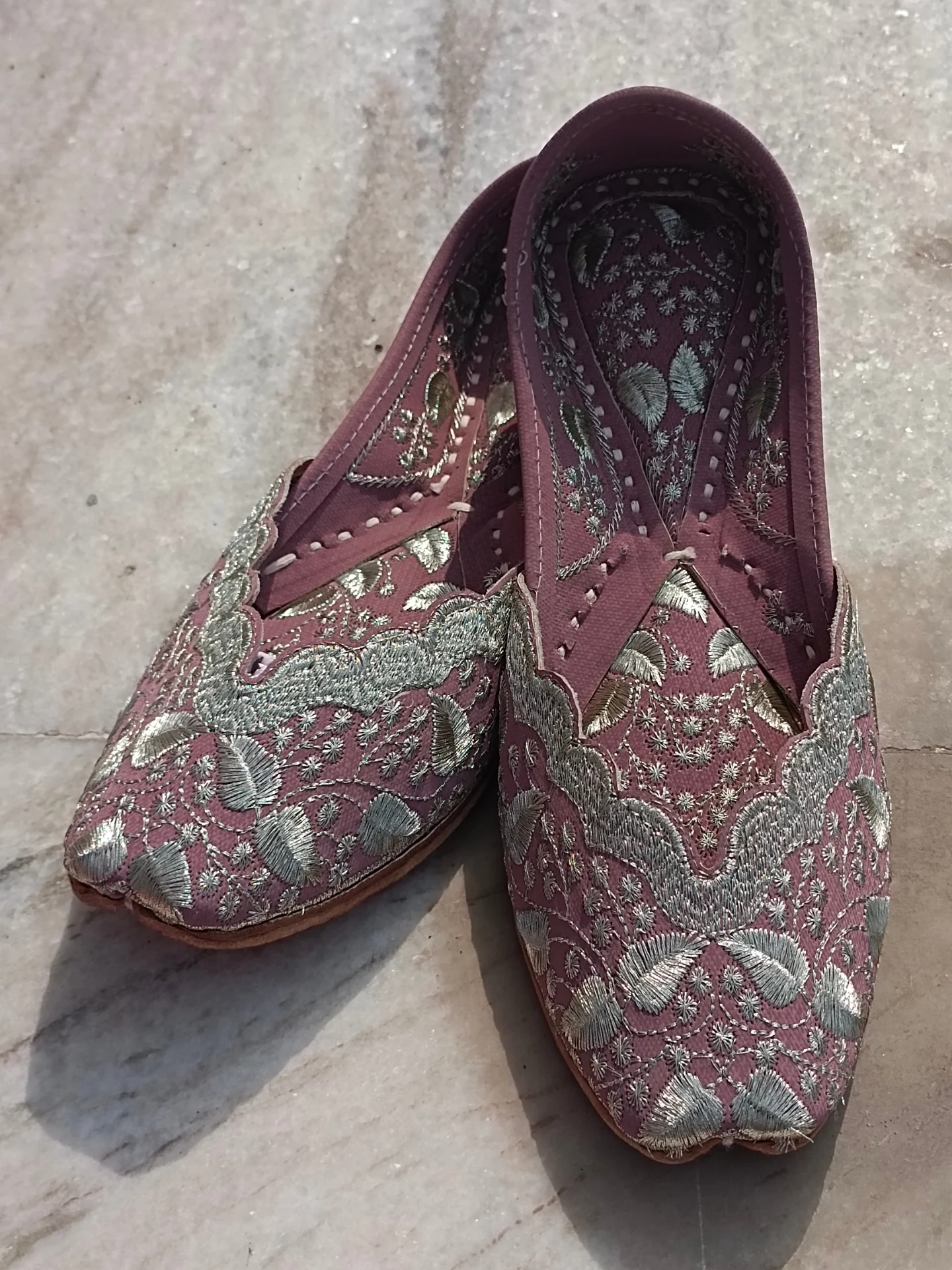 A mauve pair of Real Jutti shoes with silver-tone leaf and flower embroidery